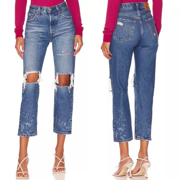 NWT LEVI'S JEANS PREMIUM 501 ORIGINAL CROPPED STRAIGHT ANKLE DISTRESSED RIPPED - Picture 1 of 14